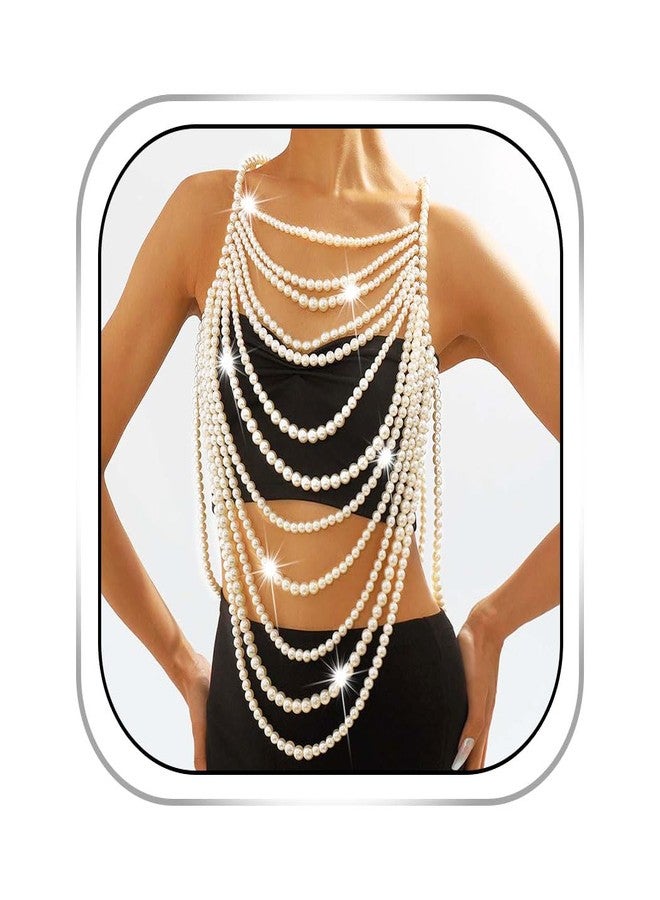 Aiosy Pearls Body Chain Bra Sexy Shawl Necklace Pearl Tops Halter Shoulder Chain Beaded Backless Chest Chains Rave Body Jewelry Festival Party Summer Beach (Sleeveless) - Image 1