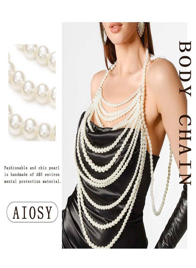Aiosy Pearls Body Chain Bra Sexy Shawl Necklace Pearl Tops Halter Shoulder Chain Beaded Backless Chest Chains Rave Body Jewelry Festival Party Summer Beach (Sleeveless) - Image 2