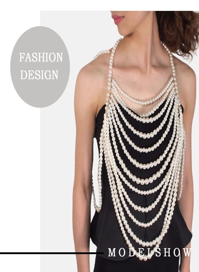 Aiosy Pearls Body Chain Bra Sexy Shawl Necklace Pearl Tops Halter Shoulder Chain Beaded Backless Chest Chains Rave Body Jewelry Festival Party Summer Beach (Sleeveless) - Image 3