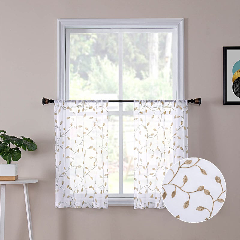 Tollpiz Tollpiz Leaves Sheer Tier Curtain Taupe Leaf Embroidery Kitchen Half Curtains Rod Pocket Voile Faux Linen Embroidered Leaves Curtain for Bathroom 30 x 36 inches Long Set of 2 Panels 