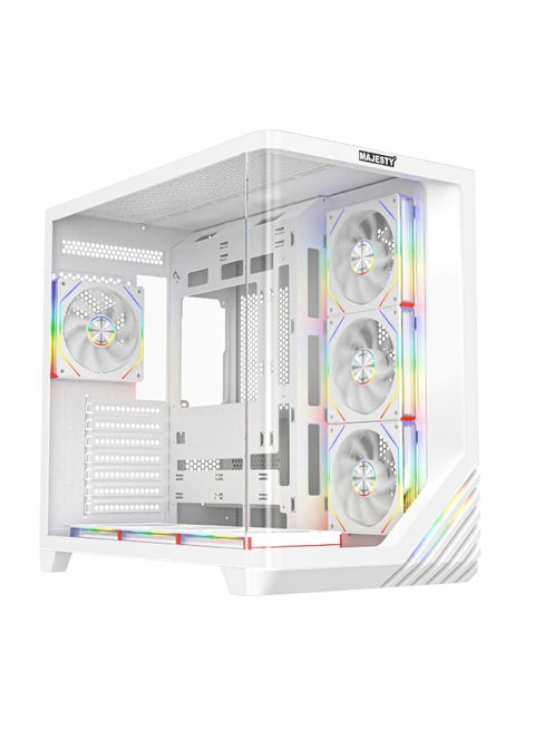 Majesty Boulevard Mid-Tower PC Case with Stylish Front Lighting - 7 Pre-Installed Infinity ARGB Fans for Efficient Airflow with Remote - 1x TYPE-C 2x USB 3.0 ATX Panel Support - White