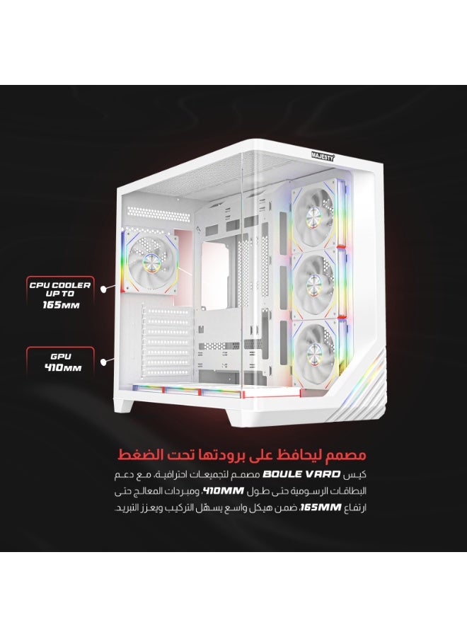 ماجيستي صندوق كمبيوتر ماجيستي ميد تاور بوليفارد مزود بـ بإضاءة امامية انيقة - مزود بـ 7 مراوح ARGB اينفنتي 120 ملم مثبتة مسبقاً لتدفق هواء فعال مع ريموت - دعم لوحات ATX منفذ 1x TYPE-C 2x USB 3.0 - أبيض - Image 4