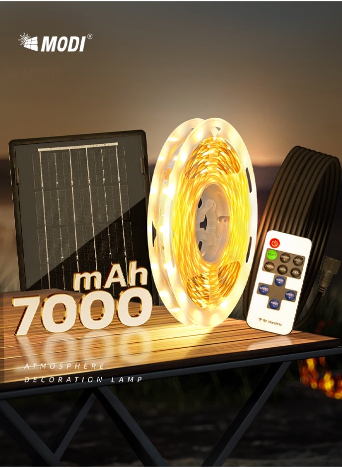 مودي شريط إضاءة LED شمسي بطول 5 متر، ضوء أبيض دافئ، تحكم عن بُعد، إضاءة ديكورية مقاومة للماء للاستخدام الداخلي والخارجي، يعمل بالطاقة الشمسية مع بطارية عالية السعة - Image 1