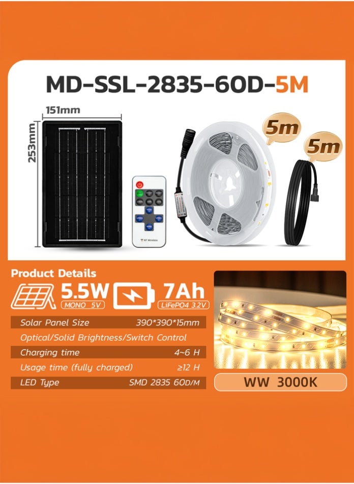 مودي شريط إضاءة LED شمسي بطول 5 متر، ضوء أبيض دافئ، تحكم عن بُعد، إضاءة ديكورية مقاومة للماء للاستخدام الداخلي والخارجي، يعمل بالطاقة الشمسية مع بطارية عالية السعة - Image 2
