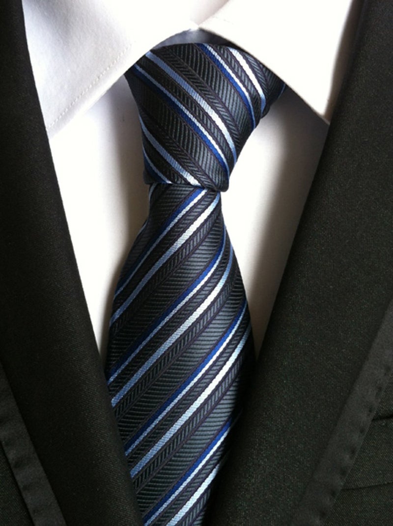 Secdtie Men Classic Checks Grey Blue White Jacquard Woven Silk Tie Necktie TW018 - Image 2