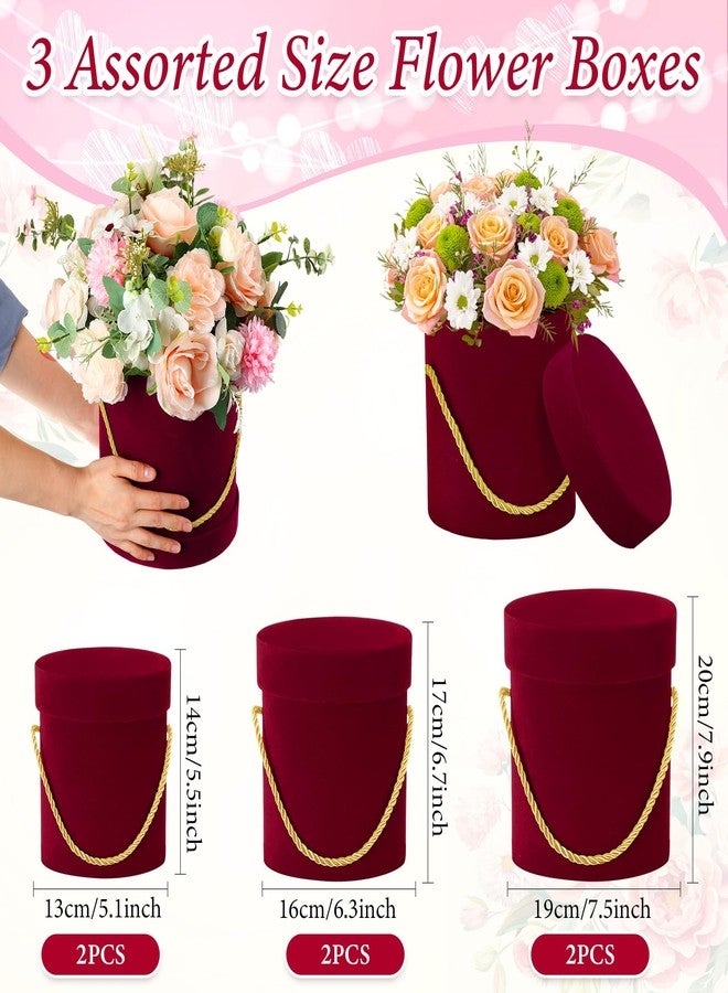 Uiifan صندوق زهور دائري مخملي من Uiifan مكون من 6 قطع مع أغطية، صندوق هدايا مخملي متداخل مع مقبض، مثالي لعيد الحب، وحفلات الزفاف، والعطلات، وتنسيقات الزهور الفاخرة، وهدايا وصيفات العروس، وحفلات أعياد الميلاد (أحمر). - Image 3
