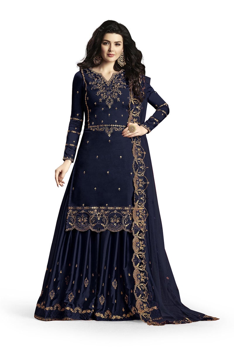 THE 9192 Women's Semi Stitched Embroidered Kurta Sharara Set Heavy Work Georgette Kurta Sharara Dupatta Set (Navy Blue) - Image 1