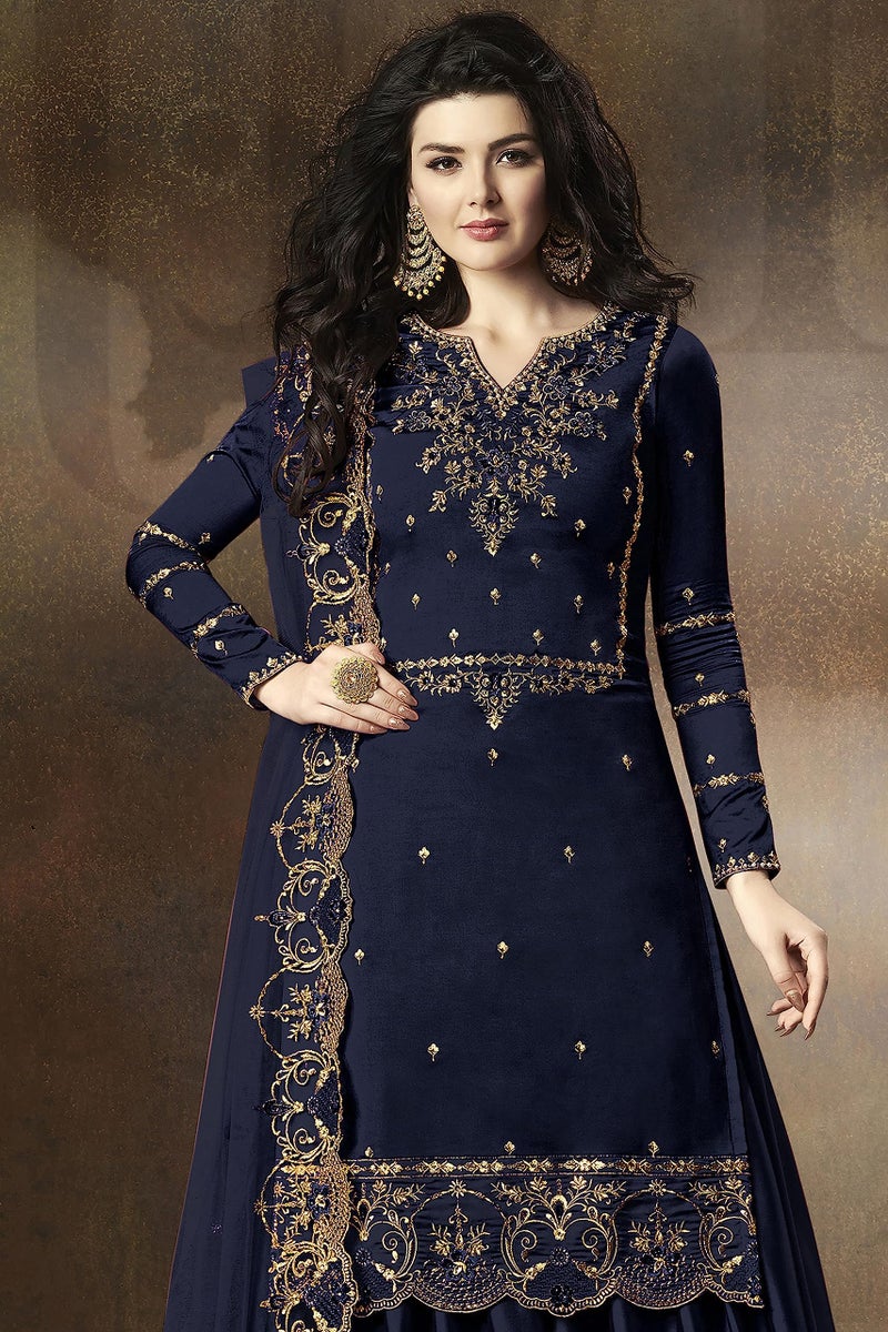 THE 9192 Women's Semi Stitched Embroidered Kurta Sharara Set Heavy Work Georgette Kurta Sharara Dupatta Set (Navy Blue) - Image 5