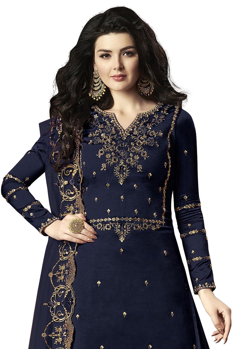 THE 9192 Women's Semi Stitched Embroidered Kurta Sharara Set Heavy Work Georgette Kurta Sharara Dupatta Set (Navy Blue) - Image 2
