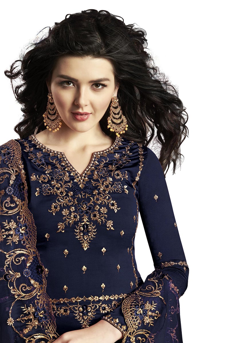 THE 9192 Women's Semi Stitched Embroidered Kurta Sharara Set Heavy Work Georgette Kurta Sharara Dupatta Set (Navy Blue) - Image 3