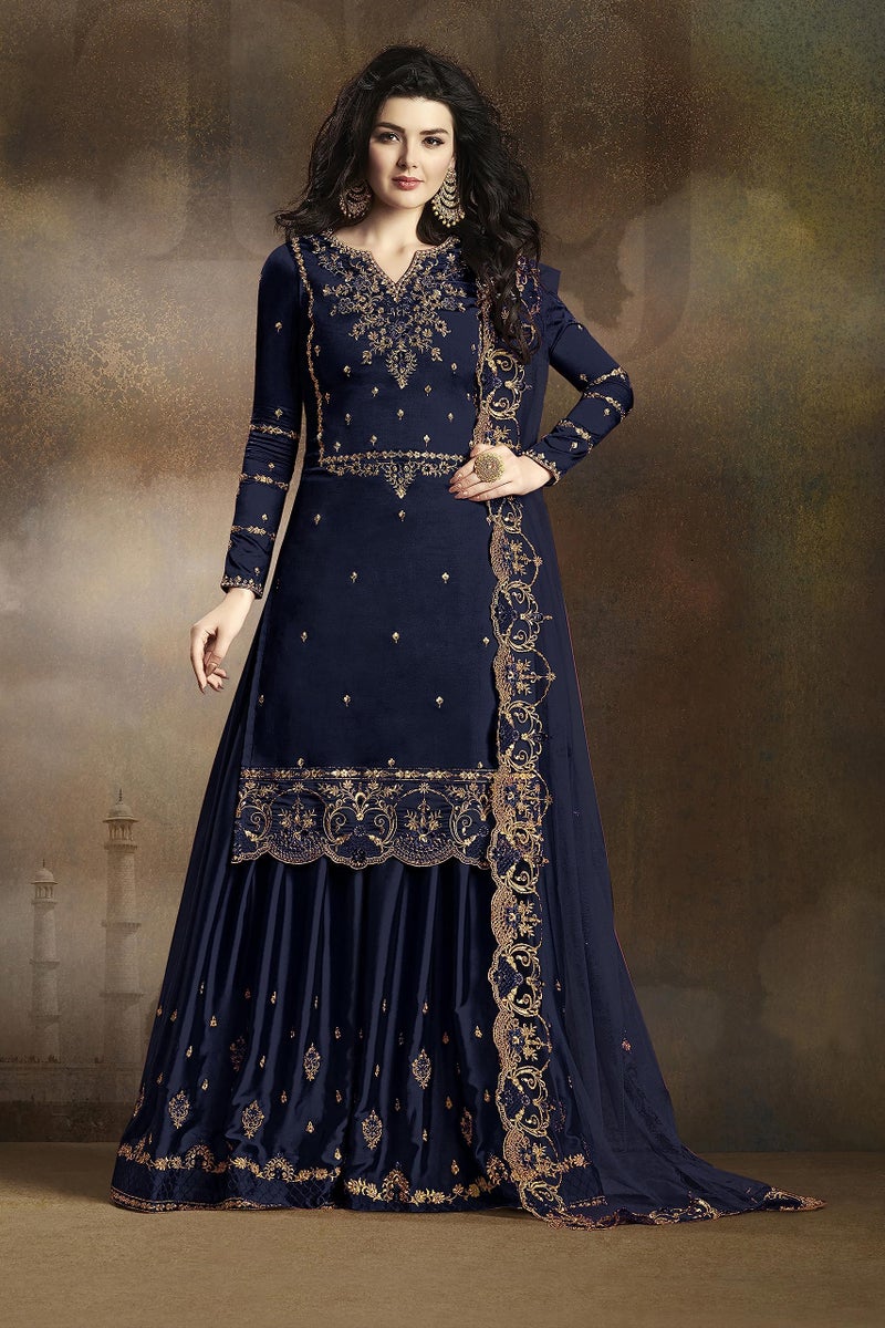 THE 9192 Women's Semi Stitched Embroidered Kurta Sharara Set Heavy Work Georgette Kurta Sharara Dupatta Set (Navy Blue) - Image 4