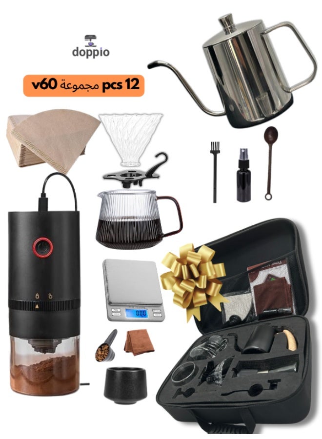 DOPPIO Electric 12 Pcs V60 Pour Over Electric Coffee Maker with Electric Grinder Dripper Set, Coffee Server Pot Size 02, V60 Glass Coffee Dripper with Wood Stand Dripper, Scale (Premium Kit) - Image 1