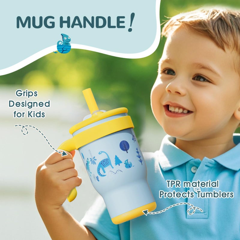 KXIAOCHEN Toddler Tumbler With Straw Spill Proof 14 Oz, Kids Tumbler With Handle Insulated Stainless Steel BPA-Free Keeps Drinks Cold up to 24 Hrs for Travel Cup Holders Outdoors, Blue Dinosaur - Image 2