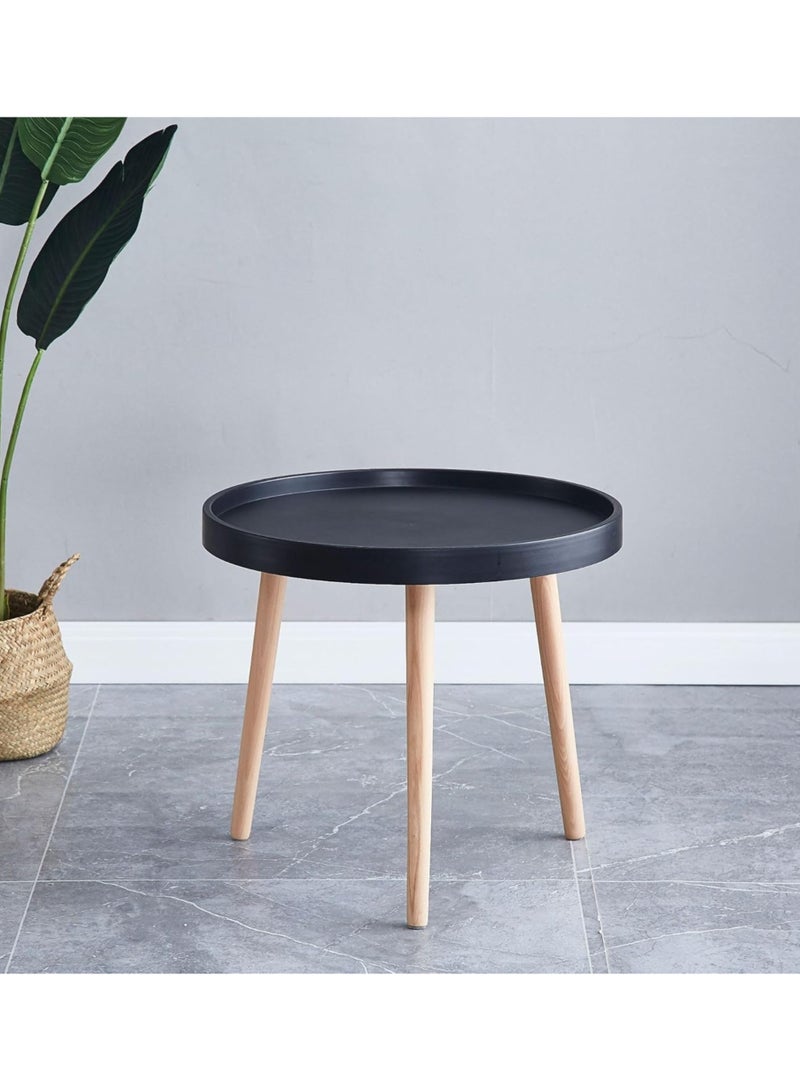 MAAS Modern Round Side Table, Living Room Side Table, Mid-Century Style Bedside Table, Small Round Table for Sofa, Bedside, Bedroom and Office, Black Tray Top with Wooden Legs Black - Image 2
