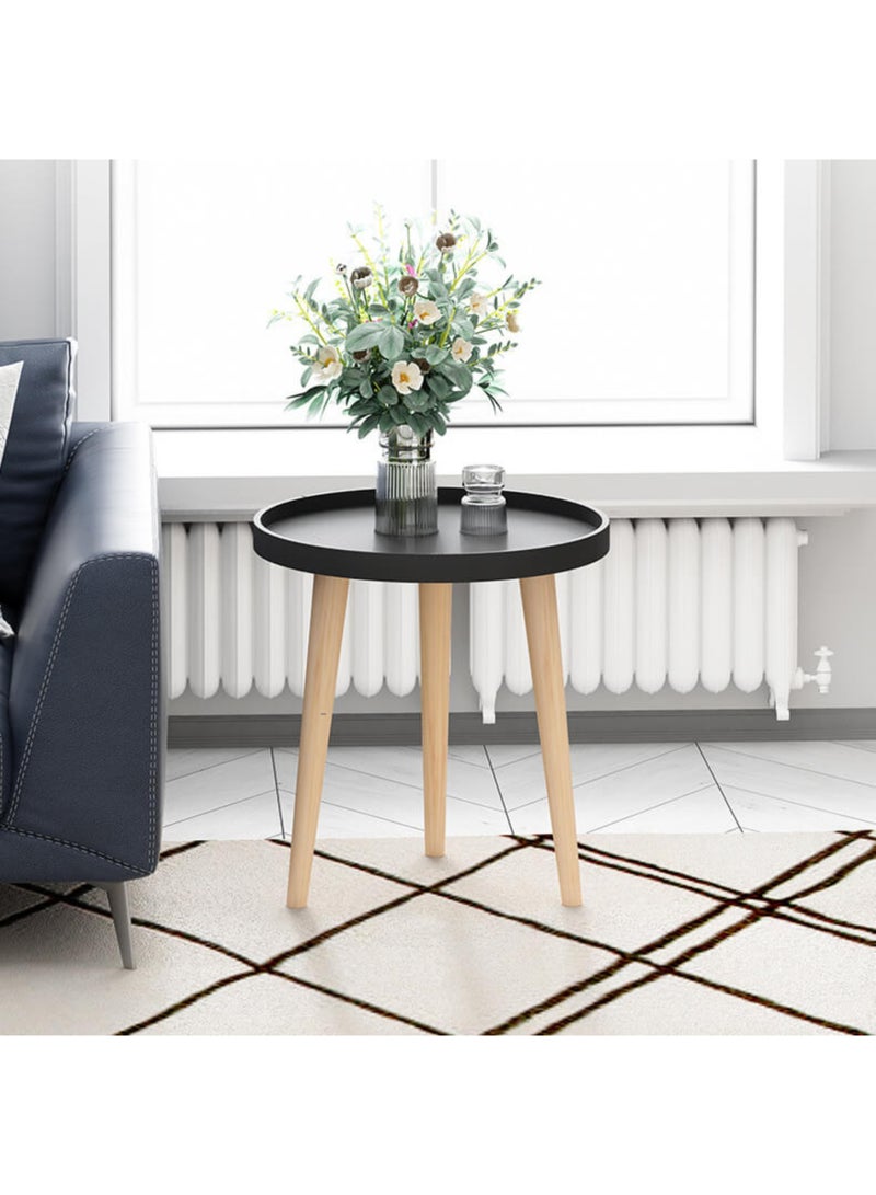 MAAS Modern Round Side Table, Living Room Side Table, Mid-Century Style Bedside Table, Small Round Table for Sofa, Bedside, Bedroom and Office, Black Tray Top with Wooden Legs Black - Image 3