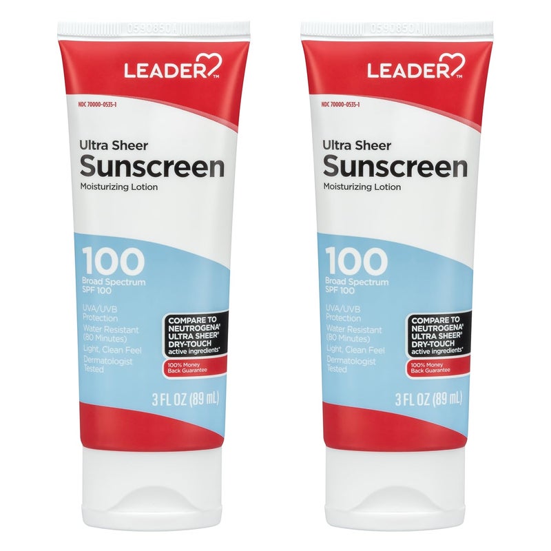 LEADER Travel Sunscreen SPF 100+, Ultra Sheer Dry-Touch Water Resistant and Non-Greasy Lotion with Broad Spectrum SPF 100+, 3 Fl Oz (2 Pack) - Image 1