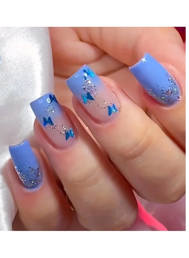 ORiTi 24pcs Gradient Nails, Blue Butterfly Press On Nails With Silver Glitter Design, Glossy Full Cover Medium Square Cute False Nails For Women  Daily Wear - Image 1