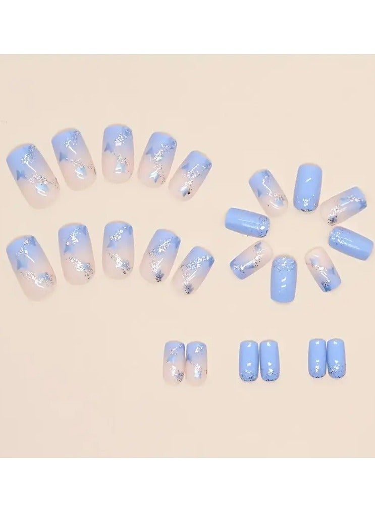 ORiTi 24pcs Gradient Nails, Blue Butterfly Press On Nails With Silver Glitter Design, Glossy Full Cover Medium Square Cute False Nails For Women  Daily Wear - Image 3
