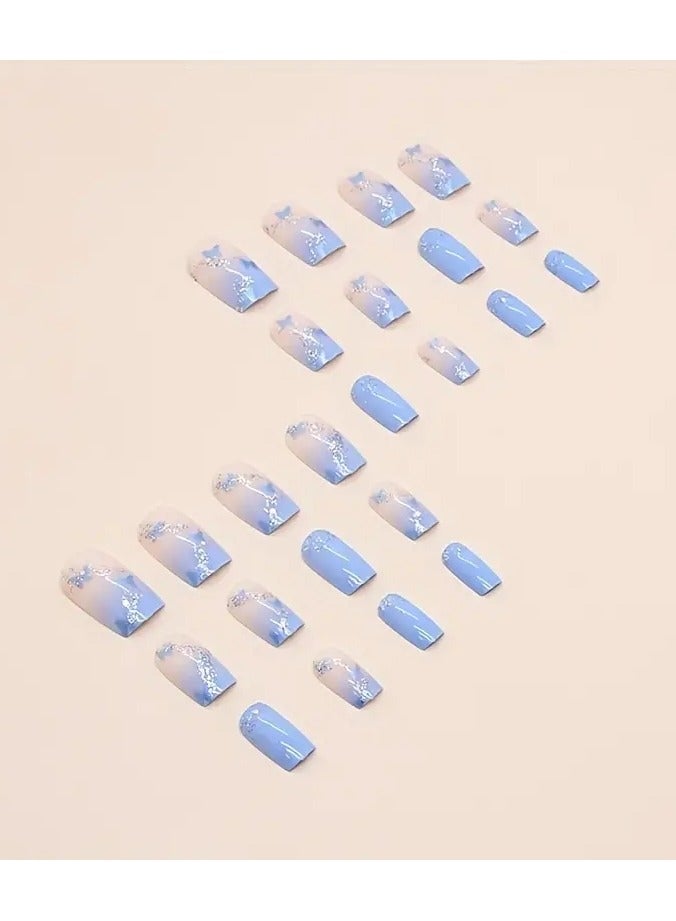 ORiTi 24pcs Gradient Nails, Blue Butterfly Press On Nails With Silver Glitter Design, Glossy Full Cover Medium Square Cute False Nails For Women  Daily Wear - Image 5