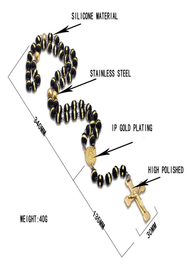 JAJAFOOK Mens Black Stainless Steel Black Gold Silicone Beads Rosary Necklace with Cross Pendant - Image 2