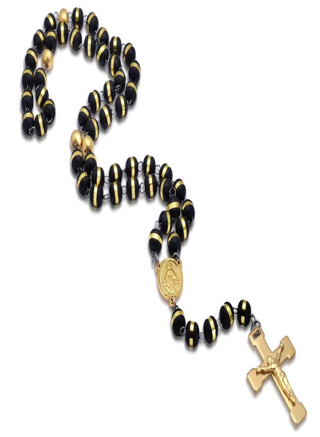 JAJAFOOK Mens Black Stainless Steel Black Gold Silicone Beads Rosary Necklace with Cross Pendant - Image 1