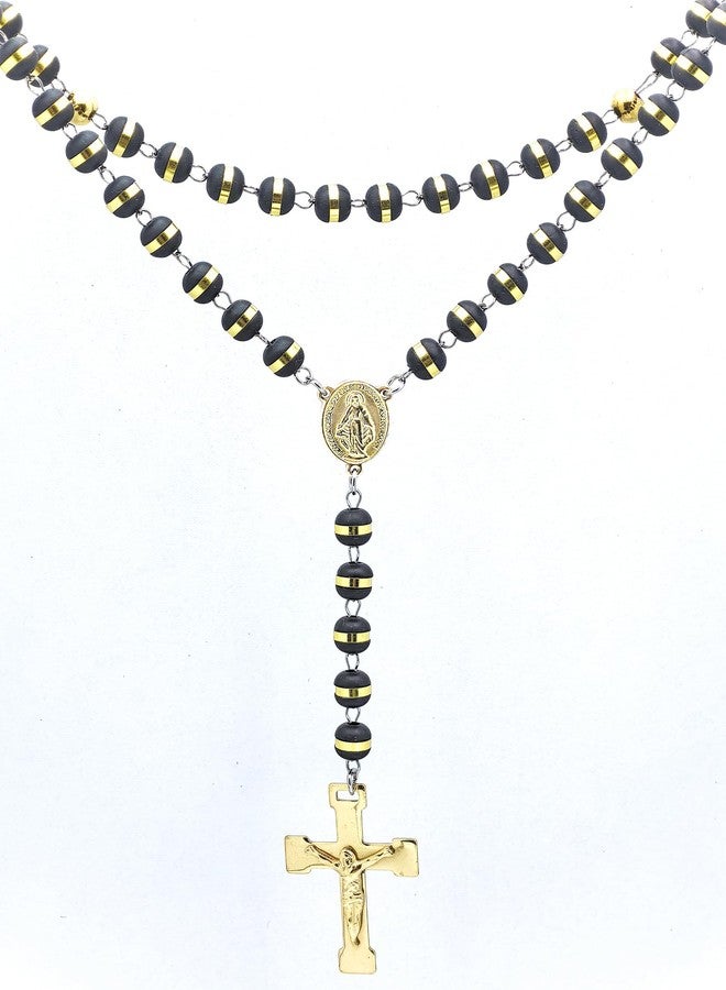 JAJAFOOK Mens Black Stainless Steel Black Gold Silicone Beads Rosary Necklace with Cross Pendant - Image 3
