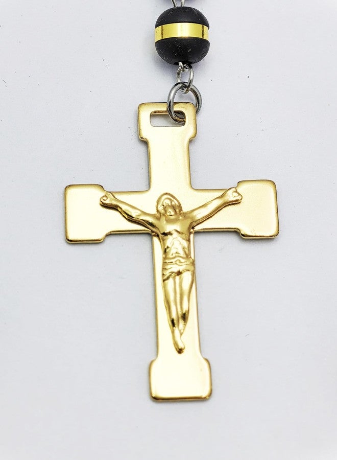 JAJAFOOK Mens Black Stainless Steel Black Gold Silicone Beads Rosary Necklace with Cross Pendant - Image 5
