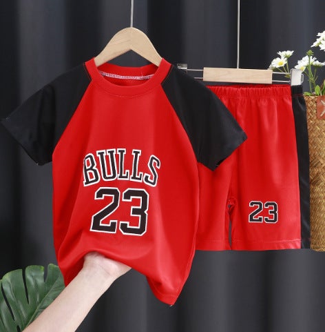 2024 Kids Summer Sports Jersey Set Boys Short Sleeve Vest Shorts PB-black sleeve red No. 23 