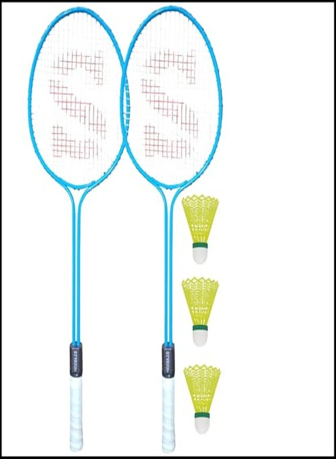 STYRKR Badminton Racket Set with Shuttlecocks, Lightweight Steel Frame, Blue, 2 Rackets and 3 Nylon Shuttles, for Beginners and Recreational Play - Image 1
