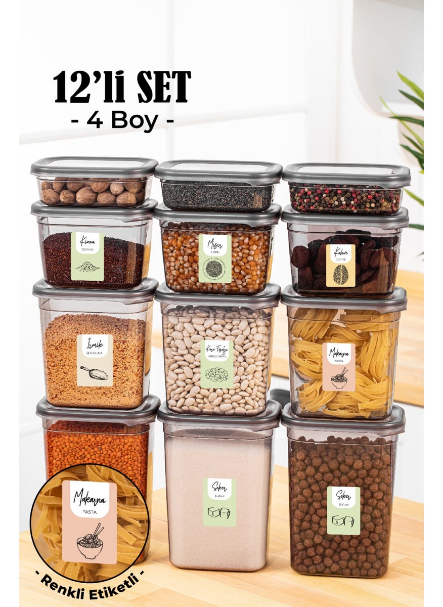 Vienev - 12pcs Colored Labeled Peggy Rectangular Storage Container Set 3x(1500+1150+800+400 ml) Anthracite - Image 1