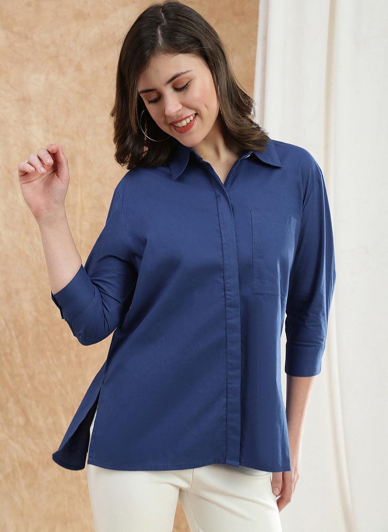 Globus Women's Blue Casual Wear Shirt with Spread Collar and Cuff Sleeves - Image 3