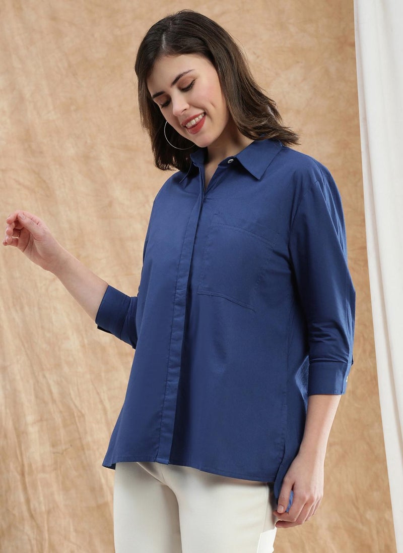 Globus Women's Blue Casual Wear Shirt with Spread Collar and Cuff Sleeves - Image 1