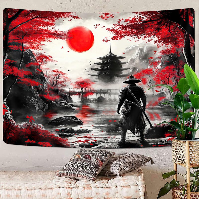 GOAOK Japanese Anime Tapestry Cool Samurai Art, Red and Black Japan Tapestry Wall Hanging for Men, Mountain Forest Nature Cherry Blossom Sunset Dark Asia Japanese Tapestries Aesthetic for Living, 40x30 - Image 5