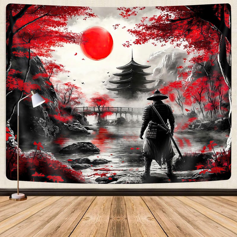 GOAOK Japanese Anime Tapestry Cool Samurai Art, Red and Black Japan Tapestry Wall Hanging for Men, Mountain Forest Nature Cherry Blossom Sunset Dark Asia Japanese Tapestries Aesthetic for Living, 40x30 - Image 1