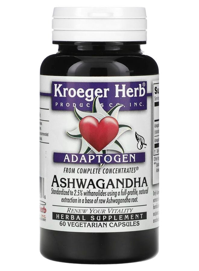Kroeger Herb Co Ashwagandha 60 Vegetarian Capsules (225 mg per Capsule) - Image 1