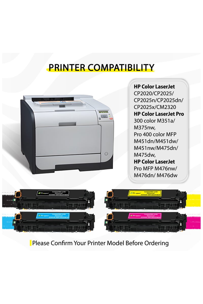 Prospect Toner 312A 305A 304A Yellow Laser Compatible Cartridges with Models 312A CF382A / 305A CE412A / 304A CC532A for HP Printers Color LaserJet CP2020/CP2025/CP2025n/CP2025dn/CP2025x/CM2320 HP Color LaserJet Pro 300 color M351a/M375nw, Pro 400 color MFP M451dn/M451dw/M451nw/M475dn/M475dw/M476nw/M476dn/M476dw ( Yellow ) - Image 4