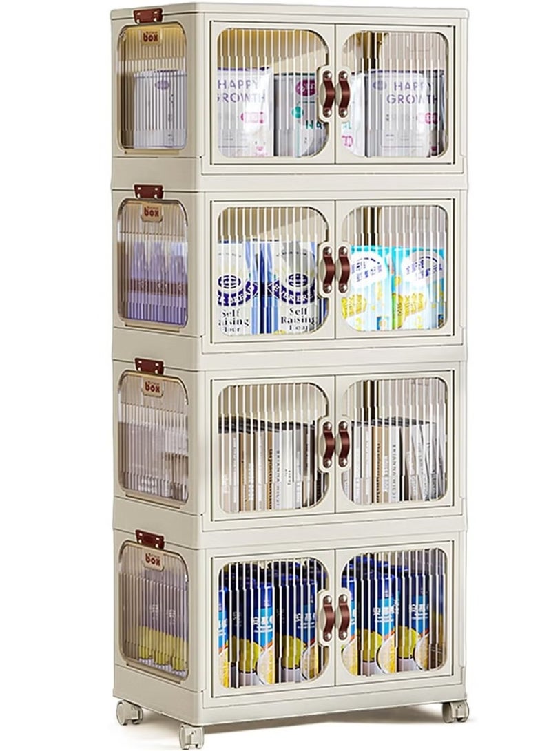 4-Tier Plastic Storage Bins, Folding Stackable Transparent Display Case with Doors and Wheels, Collapsible Storage Cabinet Box Organizers and Storage Containers, White  - Image 3