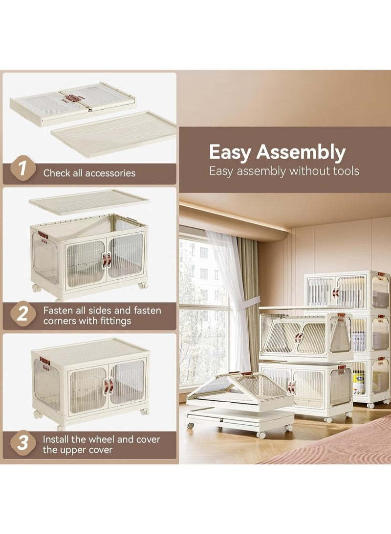 4-Tier Plastic Storage Bins, Folding Stackable Transparent Display Case with Doors and Wheels, Collapsible Storage Cabinet Box Organizers and Storage Containers, White  - Image 5