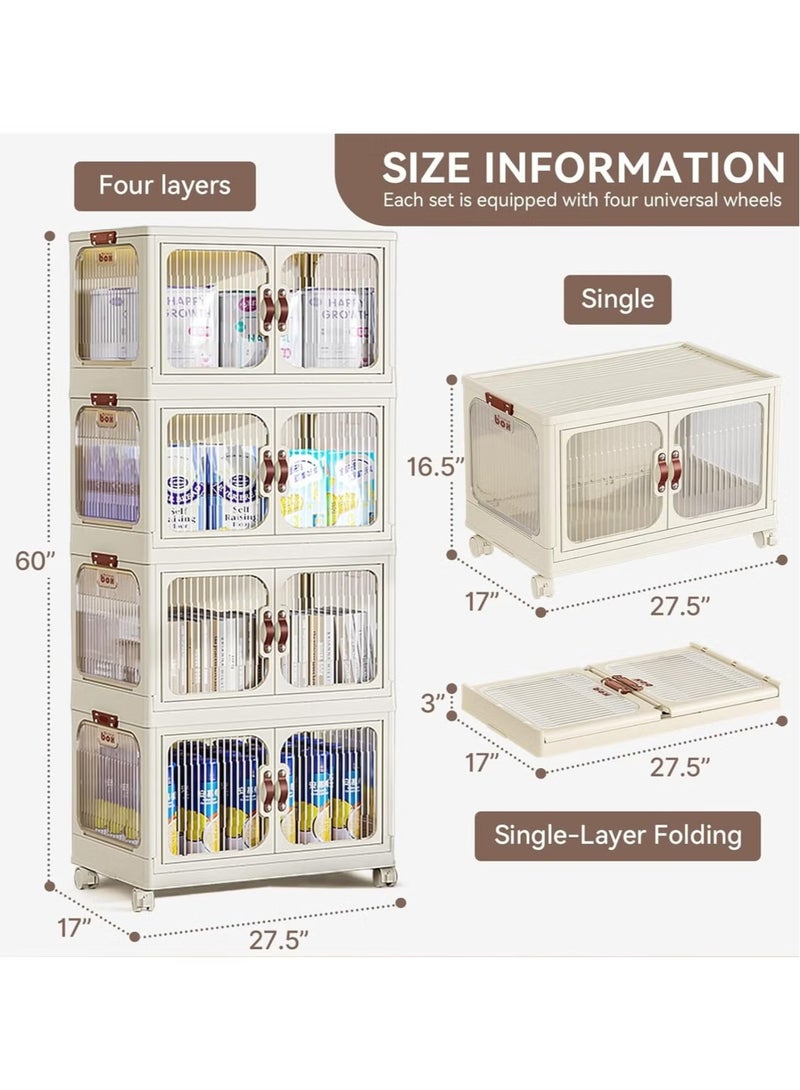 4-Tier Plastic Storage Bins, Folding Stackable Transparent Display Case with Doors and Wheels, Collapsible Storage Cabinet Box Organizers and Storage Containers, White  - Image 4