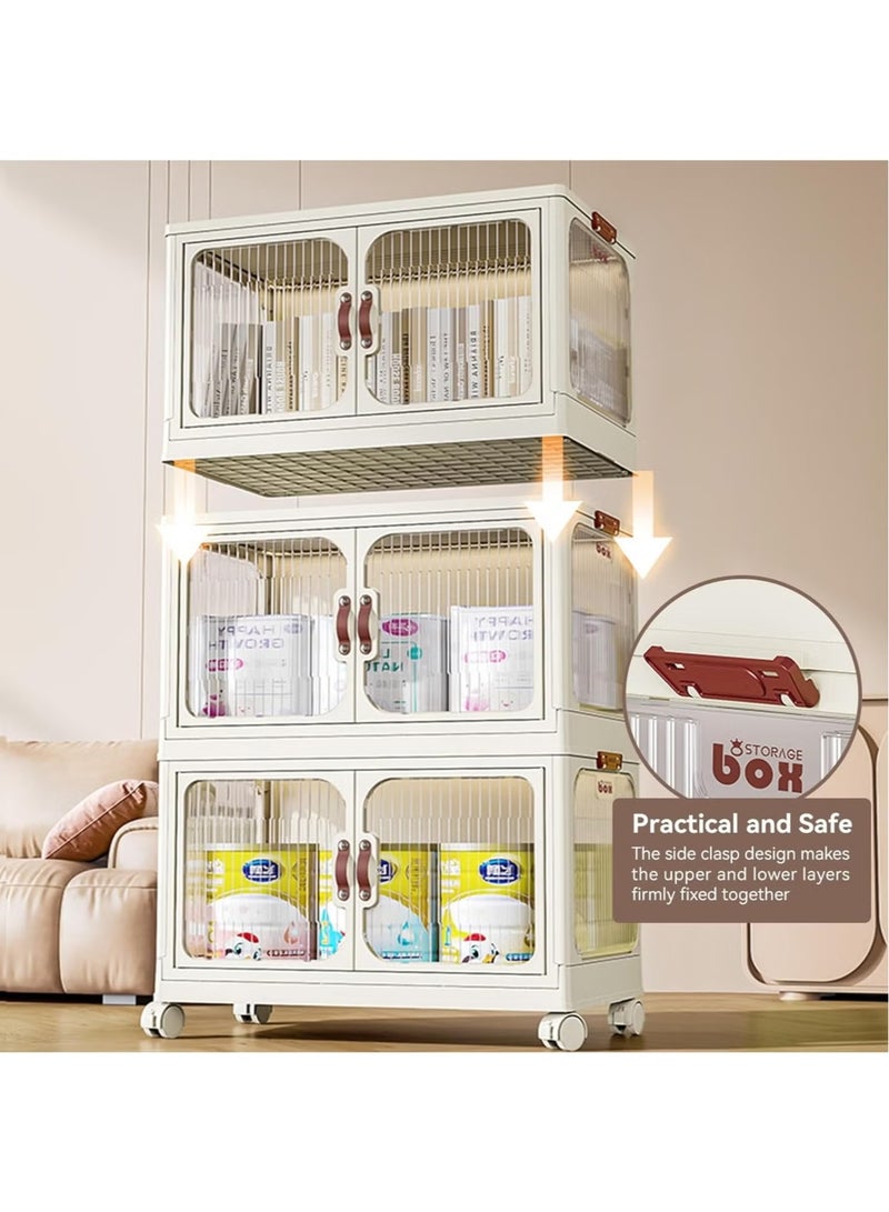 4-Tier Plastic Storage Bins, Folding Stackable Transparent Display Case with Doors and Wheels, Collapsible Storage Cabinet Box Organizers and Storage Containers, White  - Image 2