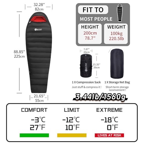 QEZER 0 Degree Down Sleeping Bag for Adults with 650 Fill Power for 27℉-0℉ Cold Weather Lightweight Sleeping Bag - Image 2