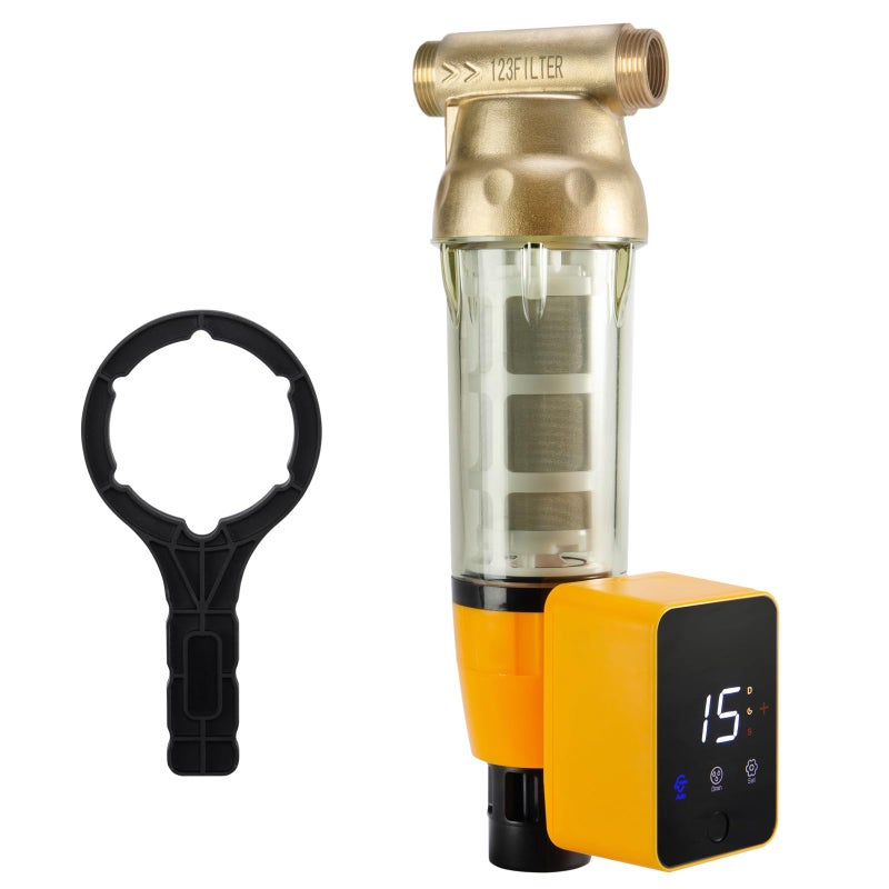 iSpring iSpring WSP50ARB Spin Down Sediment Water Filter, Reusable with Touch-Screen Auto Flushing Module and Built-in Housing Scraper, Brass Top Clear Housing, 50 Micron  - Image 1