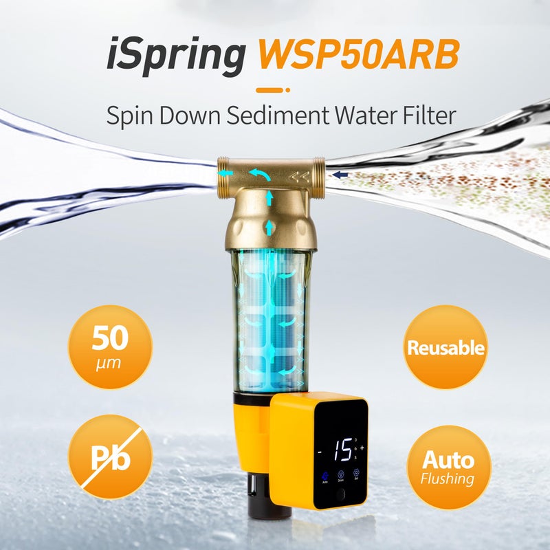 iSpring iSpring WSP50ARB Spin Down Sediment Water Filter, Reusable with Touch-Screen Auto Flushing Module and Built-in Housing Scraper, Brass Top Clear Housing, 50 Micron  - Image 2