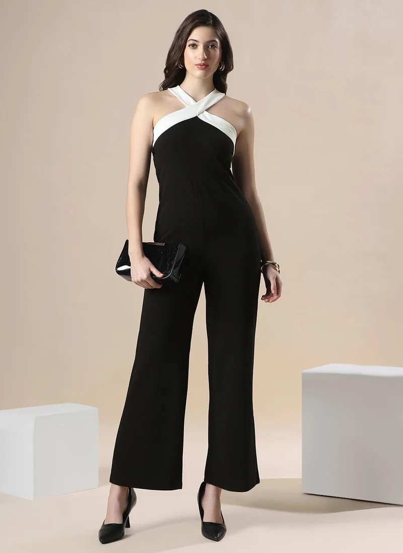 Globus Women Black Halter Neck Stylized Back Party Wear Jumpsuit