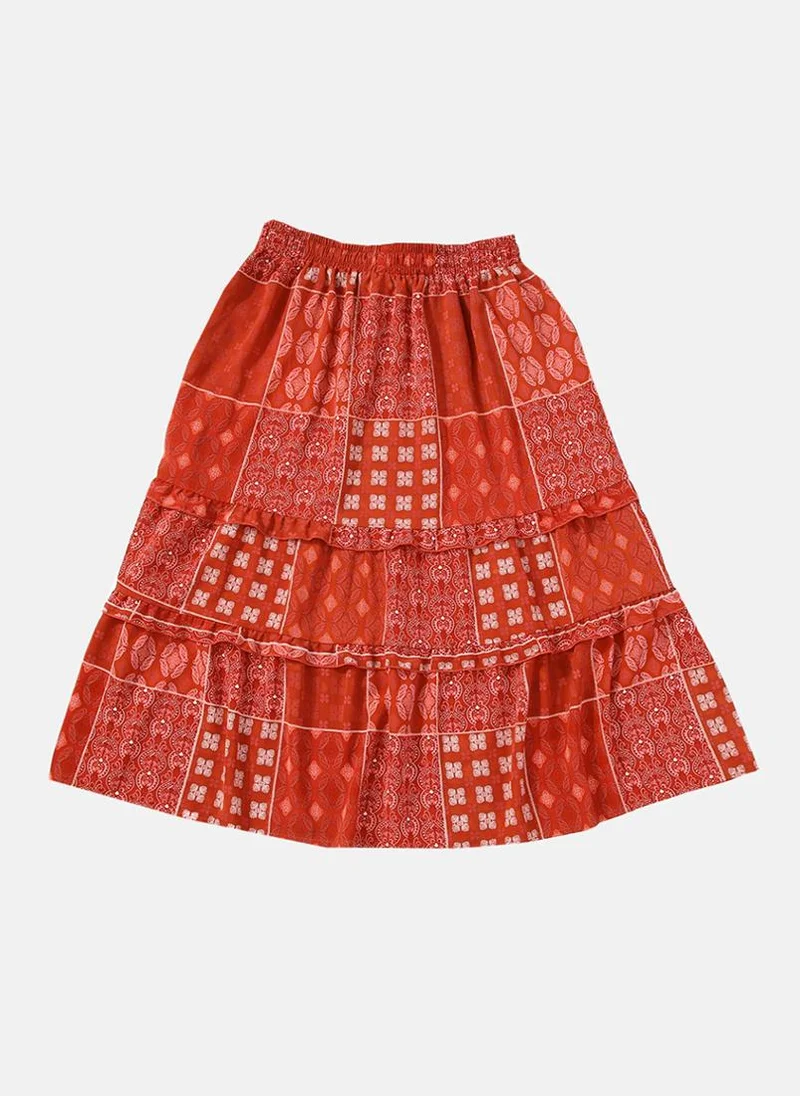 يونيكي Red Block Print Tiered Midi Skirt