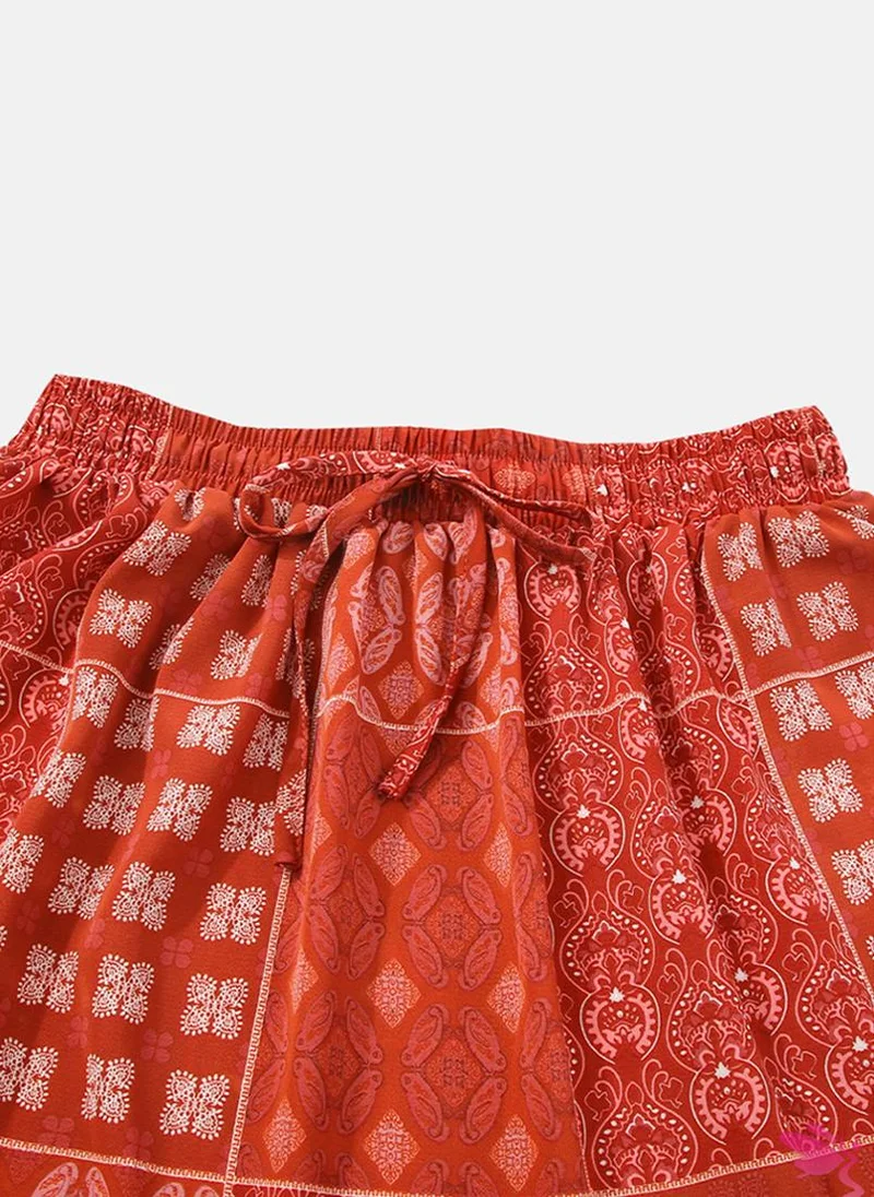 يونيكي Red Block Print Tiered Midi Skirt