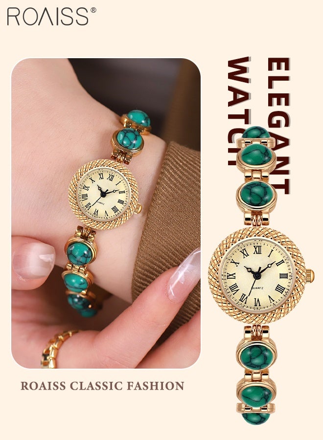 رويس ساعة كوارتز كلاسيكية نسائية، شاشة تناظرية، قرص دائري مع أرقام رومانية، ساعة يد أنيقة مقاومة للماء بسوار فيروزي كهدية للسيدات - Image 1