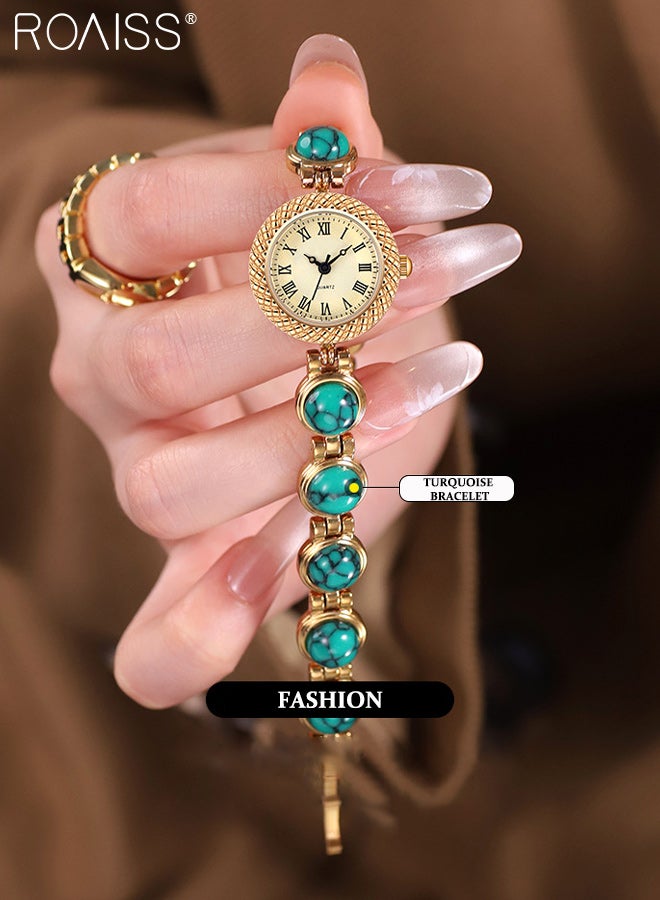 رويس ساعة كوارتز كلاسيكية نسائية، شاشة تناظرية، قرص دائري مع أرقام رومانية، ساعة يد أنيقة مقاومة للماء بسوار فيروزي كهدية للسيدات - Image 2