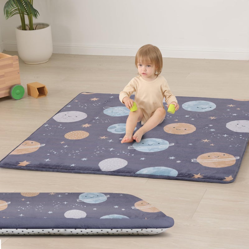 Huloo Sleep Baby Play Mat for Floor,1.3" Thick Cushioned Playpen Mat 50"x50",Extra Soft Elasti-Foam,Water Repellent Coral Velvet,Non-Slip for Crawling&Tummy Time,Infant Toddler Kids Nursery Rug(Space) - Image 1