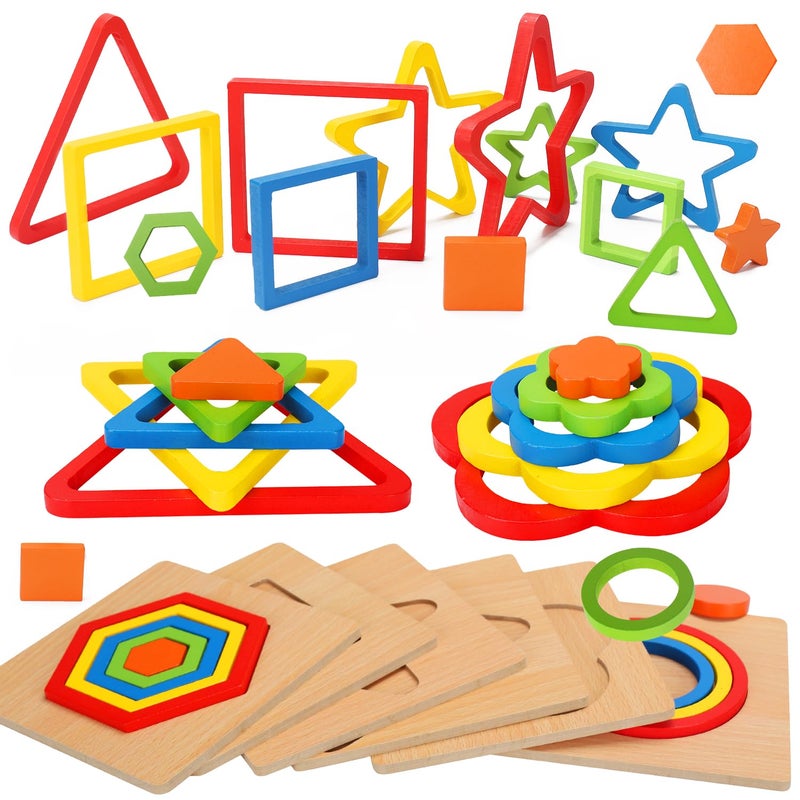 AugToy Toddler Puzzles Montessori Toy Wooden Shape Sorting Puzzle Sensory Toy Toddler Activities Preschool Learning Educational Autistic Developmental 1 2 3 Year Old Girl Boy 1-3 Dementia Game Easter Gift - Image 1